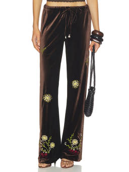 SIEDRES - Manoce Women's Embroidered Velvet Wide-Leg Palazzo Pants Brown