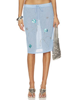 SIEDRES - Floral Sequin Women's Drawstring Waist Midi Skirt Blue