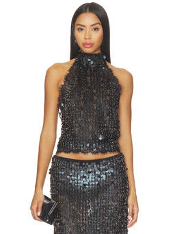 SIEDRES - Darcy Sequin Lace Women's Halter Neck Sleeveless Top Black