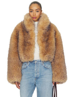 ROTATE - Faux Fur Women's Cropped Hook & Eye Jacket Brown