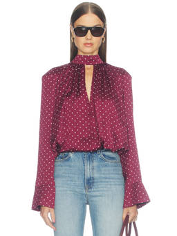 ROTATE - Dot Satin Women's Polka Dot Tie-Up Neck Blouse Maroon