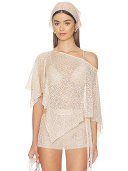 Tiger Mist - Fern Crochet Women's Sheer One-Shoulder Poncho Beige