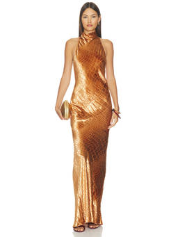 The Sei - Halter Bias Women's Sleeveless Halter Neck Maxi Dress Gold