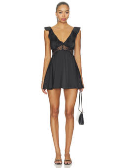 Tularosa - Sophia Women's Satin Ruffled Lace Waist Mini Dress Black