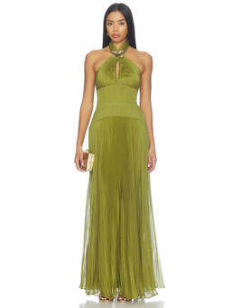 AMUR - Alaina Butterfly Women's Halter Neck Pleated Gown Green