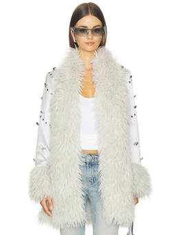Understated Leather - Heart Charm Women's Studded Faux Fur Trim Coat White