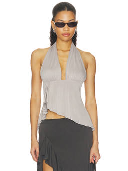 With Jean - Alix Women's Halter Neck Asymmetrical Hem Top Grey