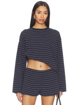 WeWoreWhat - Boxy Women's Striped Long Sleeve Crop Top Navy Blue