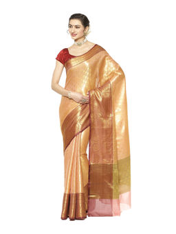 Banarasi Silk Works - Peach & Gold Kanchi Silk Pattu Border Saree with Unstitched Blouse