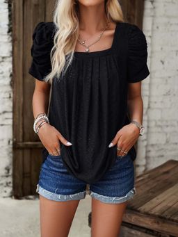 Outzidr - Black Square Neck Vacay Top With Pleats And Ruching At Sleeve
