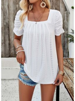 Outzidr - White Square Neck Vacay Top With Pleats