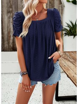 Outzidr - Navy Blue Square Neck Vacay Top With Pleats