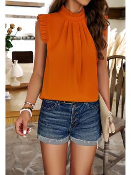 Outzidr - Orange High Neck Vacay Top With Ruffle Detail