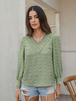 Outzidr - Green Lace Patch Blouson Casual Wear Top