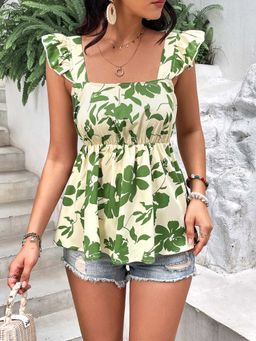 Outzidr - Green Ruffle Sleeve Vacay Top With Smocking Detail