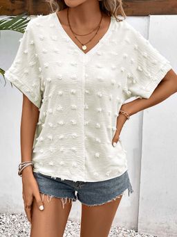 Outzidr - White V Neck Blouse With Dobby Texture