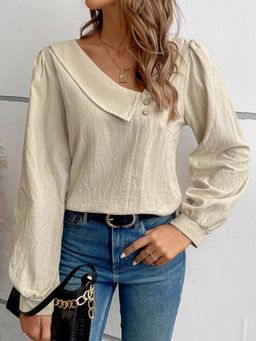 Outzidr - Beige Full Sleeve Vacay Top With Asymetric Neck Detail