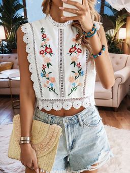 Outzidr - White Sleeveless Embroidery Blouse