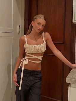 Outzidr - Apricot Bustier Crop Top With Tie Up