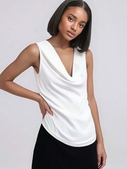 Outzidr - White Cowl Neck Sleeveless Party Top