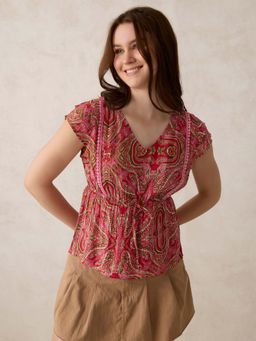 Outzidr - Pink Printed Crinkled Top