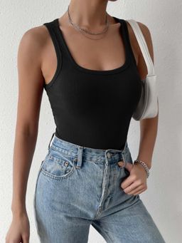 Outzidr - Black Fitted Rib Cami Vacay Top