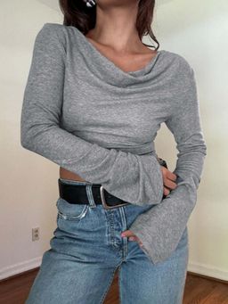 Outzidr - Grey Cowl Neck Bell Sleeves Casual Wear Top