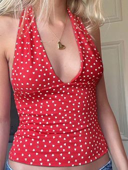 Outzidr - Red Polka Dot Halter Neck Street Style Top
