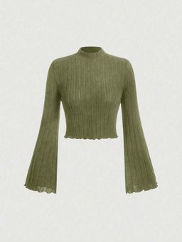 Outzidr - Green Bell Sleeves High Neck Crop Street Style Top
