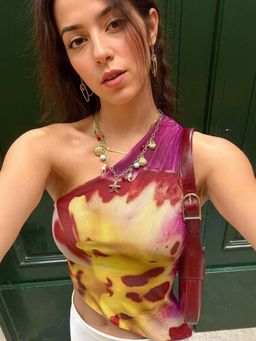 Outzidr - Pink One Shoulder Knit Vacay Tops