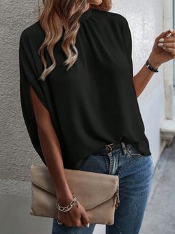 Outzidr - Black High Neck Gathered Street Style Top