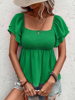 Outzidr - Green Sqaure Neck Flared Sleeve Casual Wear Top