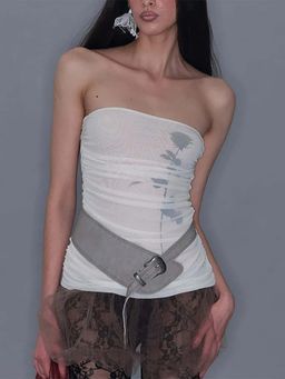 Outzidr - White Strapless Tube Mesh Top