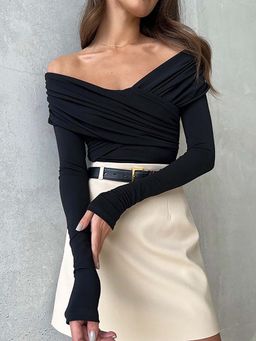 Outzidr - Black Cross Front Off Shoulder Fitted Street Style Top
