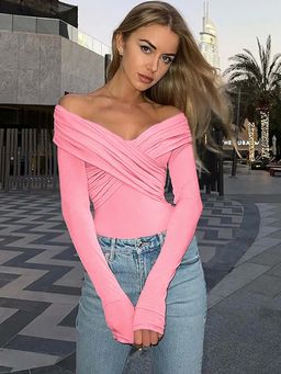 Outzidr - Pink Cross Front Off Shoulder Fitted Street Style Top