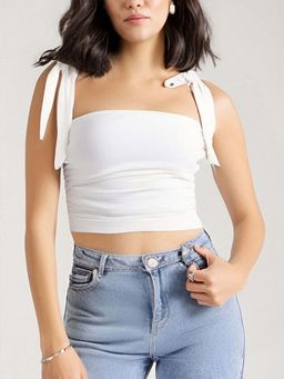 Outzidr - White Shoulder Tie Up Fitted Party Top