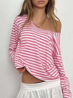 Outzidr - Pink Pink And White Stripe Full Sleeves Street Style Top