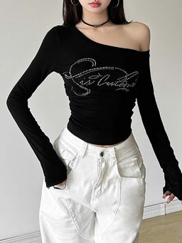 Outzidr - Black One Shoulder Full Sleeves Street Style Top