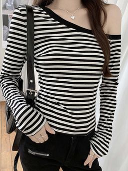 Outzidr - Black One Shoulder Stripe Full Sleeves Street Style Top