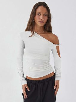 Outzidr - White One Shoulder Full Sleeves Fitted Street Style Top