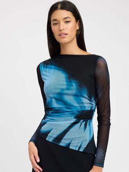 Outzidr - Black Abstract Print Mesh Fitted Party Top