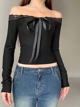Outzidr - Black Lace Bardot Party Top