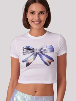 Outzidr - White Metallic Bow Crop Street Style Top