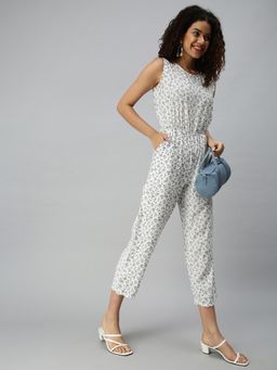 SHOWOFFFF - Women White Floral Round Neck Sleeveless Jumpsuit