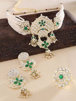 Zaveri Pearls - Green Kundan Multistrand Pearls Choker Necklace Earring & Ring Set-ZPFK13798
