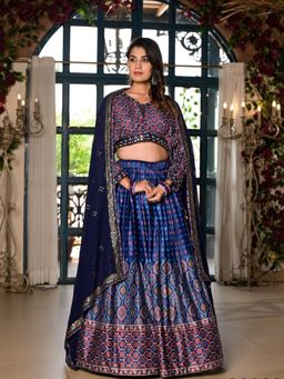 Odette - Women Blue Printed Satin Lehenga with Choli and Dupatta (Set of 3)