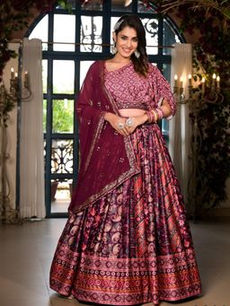 Odette - Women Multi-Color Printed Satin Lehenga with Choli and Dupatta (Set of 3)