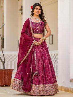 Odette - Women Pink Printed Georgette Lehenga with Choli and Dupatta (Set of 3)