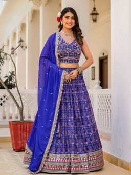 Odette - Women Blue Printed Georgette Lehenga with Choli and Dupatta (Set of 3)