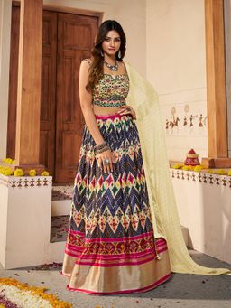 Odette - Women Yellow Printed Silk Blend Semi-Stitched Lehenga with Unstitched Blouse and Dupatta (Set of 3)